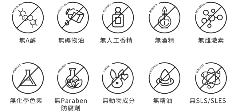 想告訴你 葵森十種無添加 無A醇 無礦物油 無人工香精 無酒精 無雌激素 無化學色素 無動物成分 無精油 無SLS 無SLES